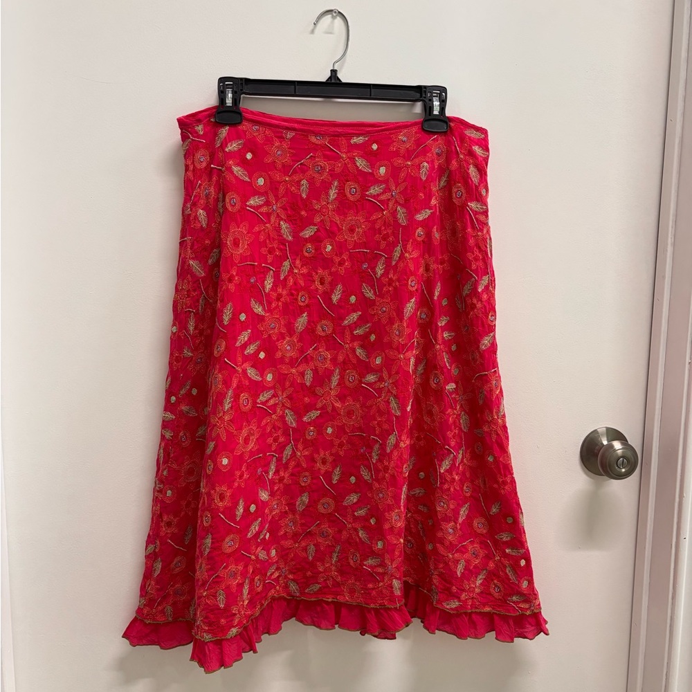 Johnny Was hot pink embroidered midi skirt